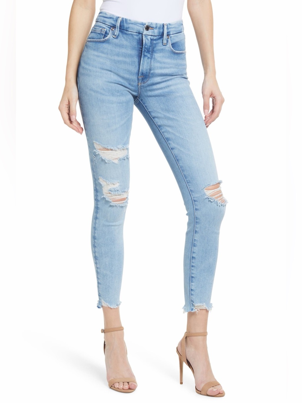 Good American Good Legs Chewed Hem Distressed Skinny Jeans, Size 28